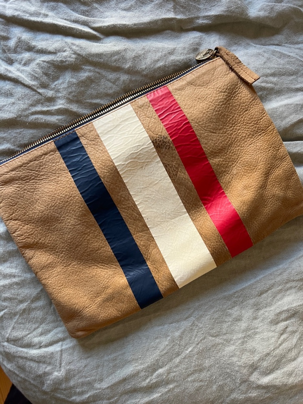 Leather Stripe Wristlet Clutch in Tan with Navy, Cream & Red